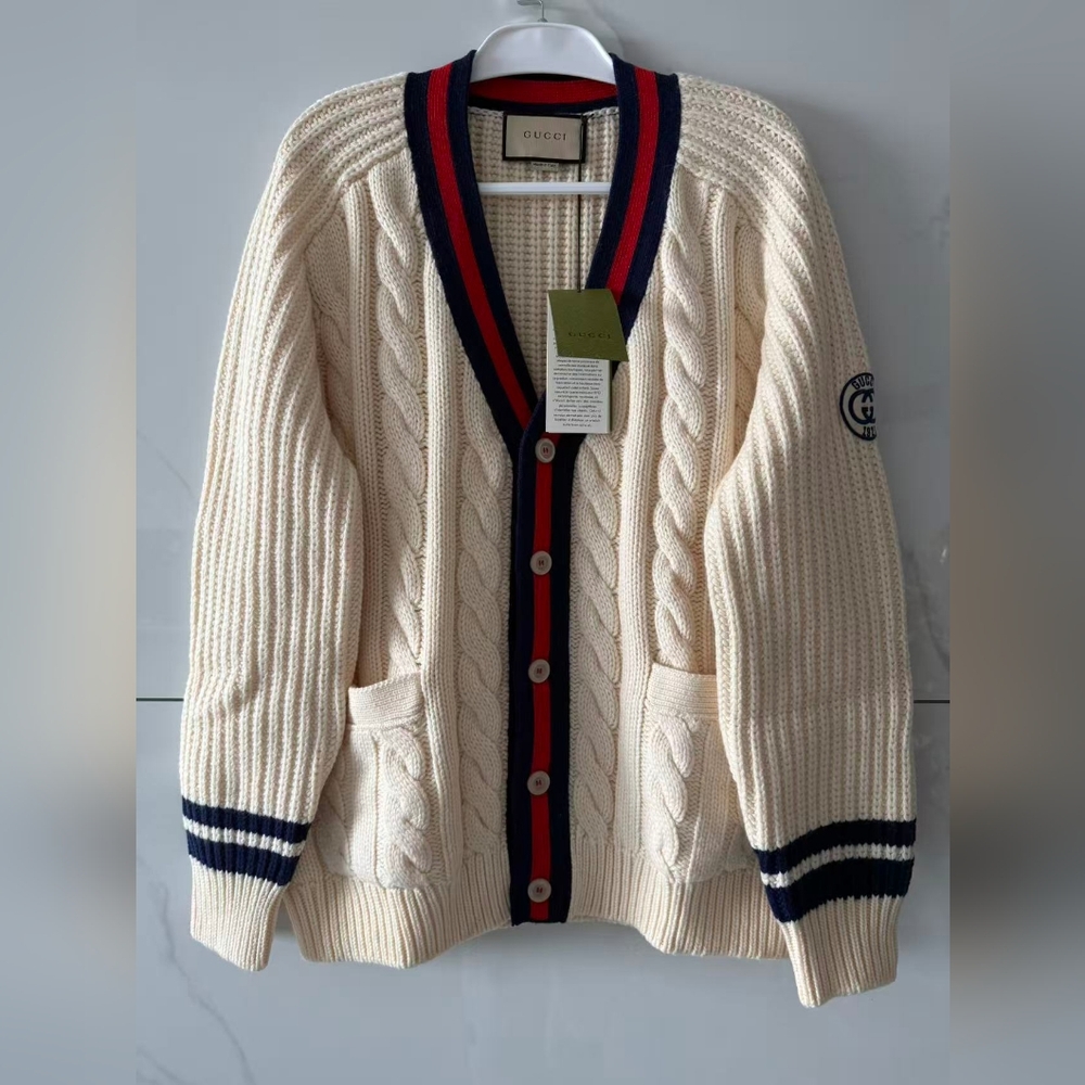 Gucci Web V-Neck Wool Knit Cardigan Sweater